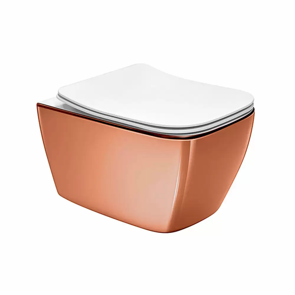 Cera Lustre Glitz Carlton Rimless P-Trap Wall Hung EWC Commode with Duroplast Soft Close Seat Cover - Rose Gold