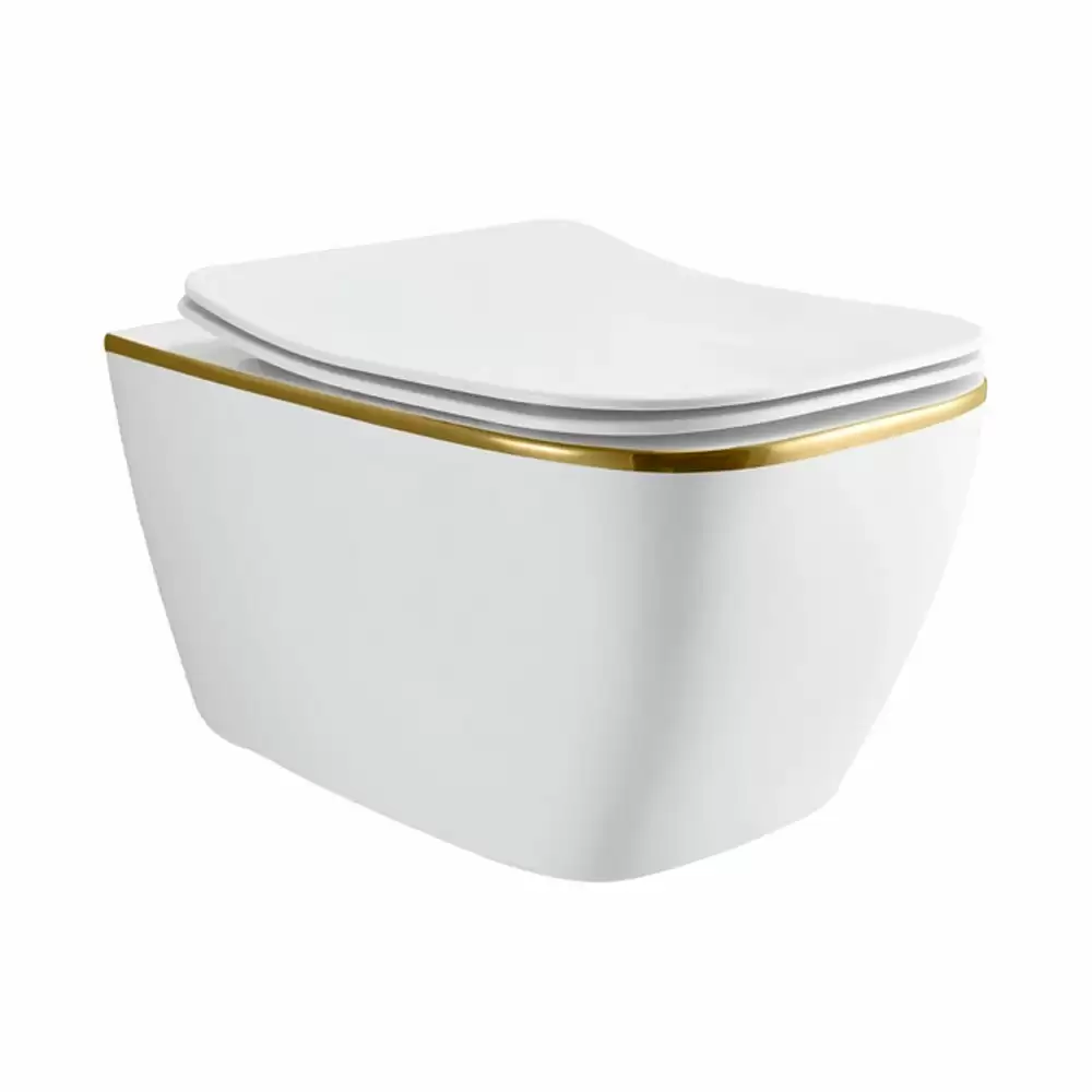 Cera Lustre Glitz Carlton Glitz Rimless P-Trap Wall Hung EWC Commode with Duroplast Soft Close Seat Cover - French Gold