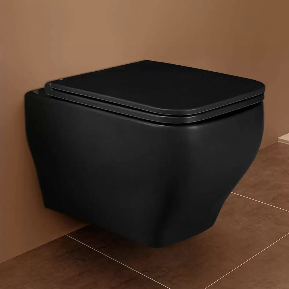 Hindware Italian Collection Element Plus Wall Mount Western Commode with Duroplast Slim Seat Cover - Matte Black