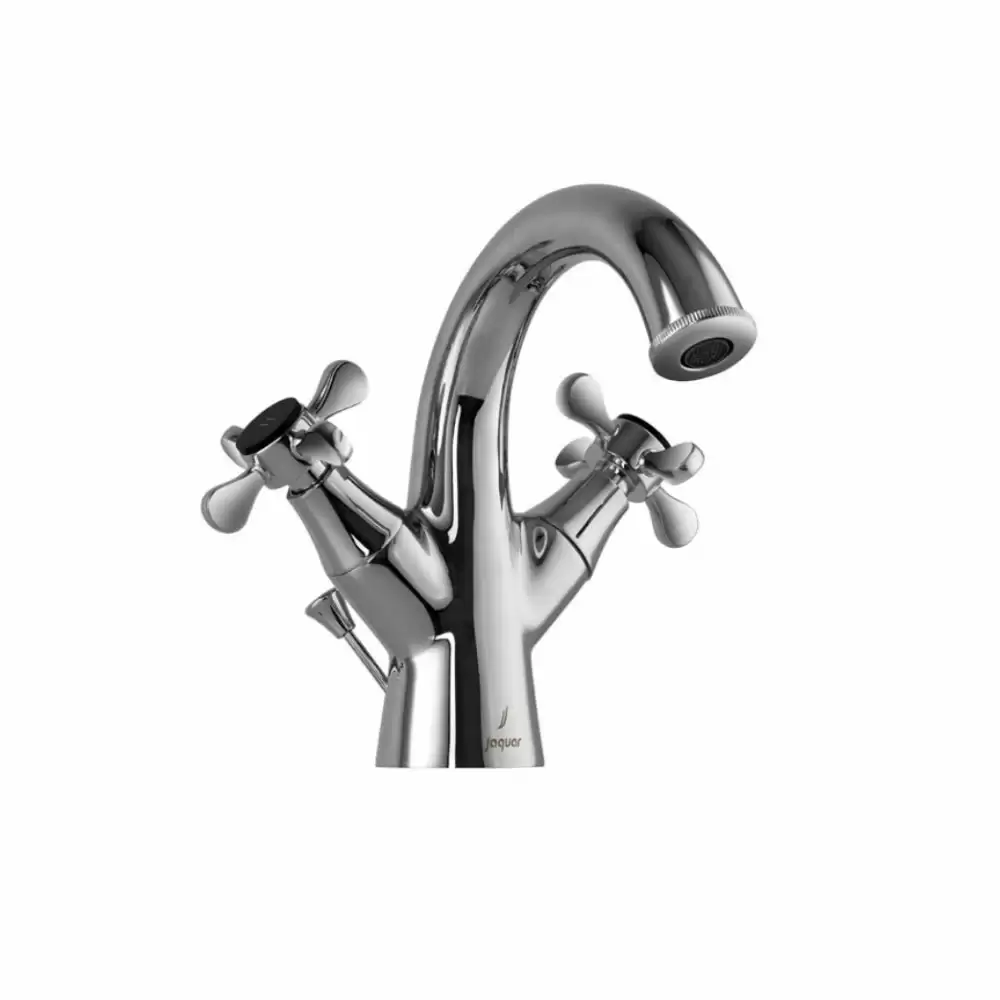 Jaquar Queen's Prime Monoblock Basin Tap with Popup Waste & 375 mm Long Braided Hoses - Chrome