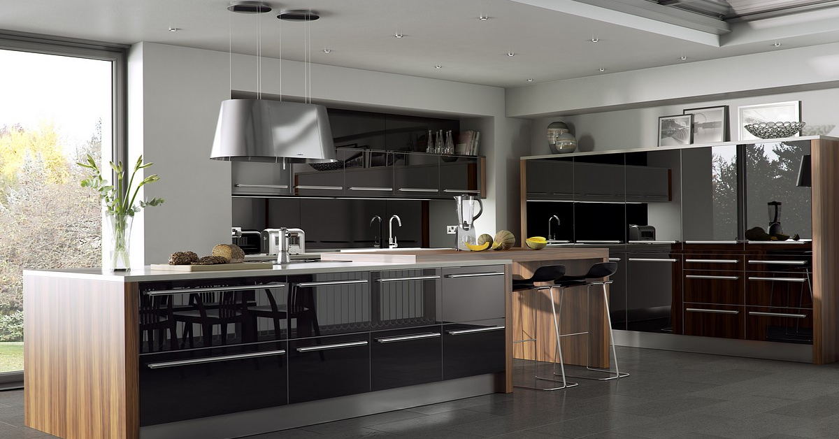 Dramatic Black Kitchen With Mirrored Elements