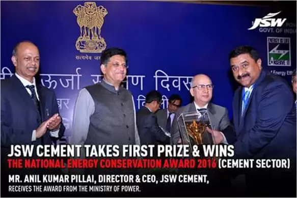 JSW Cement wins 1st prize for “The National Energy Conservation Awards"