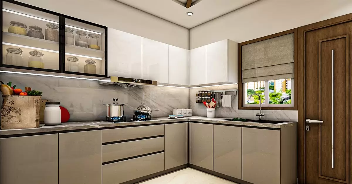 L-shaped Small Modular Kitchen Design With Utility Lofts