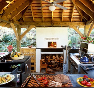 Outdoor kitchen with fireplace