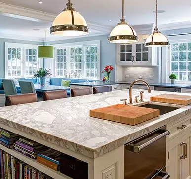 Uniquely patterned white granite kitchen countertop